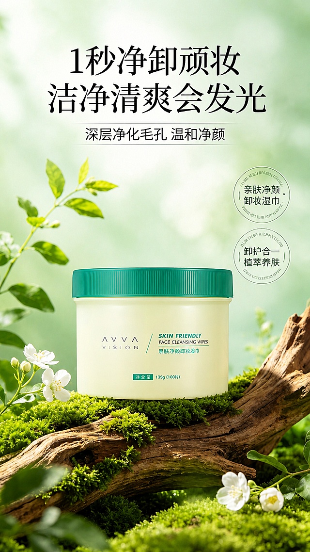 9:16 竖版，8K 超高清商业精修质感，植萃卸妆膏电商主视觉海报，视觉风格为清新森系自然风，天然温和的护肤调性，柔和自然的侧顶柔光均匀笼罩画面，带轻微丁达尔光效，光影通透柔和，整体氛围清新治愈，传递天然植萃洁净温和的产品特质。
背景为浅薄荷绿色柔雾渐变基底，叠加虚化的绿植光斑与朦胧树影，由近及远自然虚化，营造通透的空间景深，干净无冗余杂物，沉浸式烘托清新自然的植萃护肤氛围。整体采用纵向居中递进式布局，从上至下依次为顶部标题区、中部产品核心场景区，右侧竖向排布卖点徽章，视觉重心稳稳聚焦于画面中心的产品主体，场景层次丰富自然。
画面中下部为核心自然场景：一根纹理自然的棕褐色老枯木横向延展，枯木表面覆盖着鲜活浓密的绿色苔藓，苔藓质感细腻真实；枯木周边错落点缀着白色小花、嫩绿枝叶与花苞，前景点缀虚化的绿色叶片，形成前景虚、中景实、背景柔的三层景深，原生自然的植萃场景高度契合产品天然温和的属性。场景正中心竖直摆放卸妆产品，严格使用用户上传的产品图，完整还原渐变磨砂浅绿色瓶身、绿色瓶盖、瓶身标签文字、造型等所有细节，产品尺寸比例保持 9:16；，瓶身光影细腻通透，自然融入苔藓枯木场景之中，真实精致。
文字信息采用分层排布，字体以简约衬线与无衬线字体搭配，运用大小层级、粗细对比强化信息区分，排版克制不抢夺产品视觉：画面顶部居中排布标题组，主标题分两行呈现，「1 秒净卸顽妆」「洁净清爽会发光」为超大号加粗黑色字体，字重厚重醒目，为本屏第一文字视觉层级；主标题下方居中放置副标题「深层净化毛孔 温和净颜」，为中号黑色常规字体，下方搭配纤细装饰横线，精致协调。画面右侧竖向均匀排列两枚圆形细线卖点徽章，淡绿色细边框搭配深绿色文字，外圈环绕纤细英文装饰字，从上至下依次为「亲肤净颜卸妆湿巾」「卸护合一 植萃养肤」，样式统一精致，清晰传递核心卖点，不遮挡主体产品。
整体色彩以清新草木绿、浅薄荷绿为核心基调，搭配枯木的暖棕调、花朵的纯白色，低饱和自然配色清新治愈，干净通透，精准契合植萃卸妆湿巾、温和、洁净的产品调性。设计上以原生森系场景强化天然植萃的产品认知，虚实景深提升画面高级感，居中产品构图聚焦视觉焦点，卖点徽章精致不突兀，整体兼顾自然氛围感与电商信息传递效率，风格统一清新，适配卸妆膏等植物系护肤产品的电商主图、详情页首屏展示场景。参考图一 ，把图一中的产品替换成图二中的产品 ，要求保持图一海报风格不变 只更换产品
「图片1」「图片1」