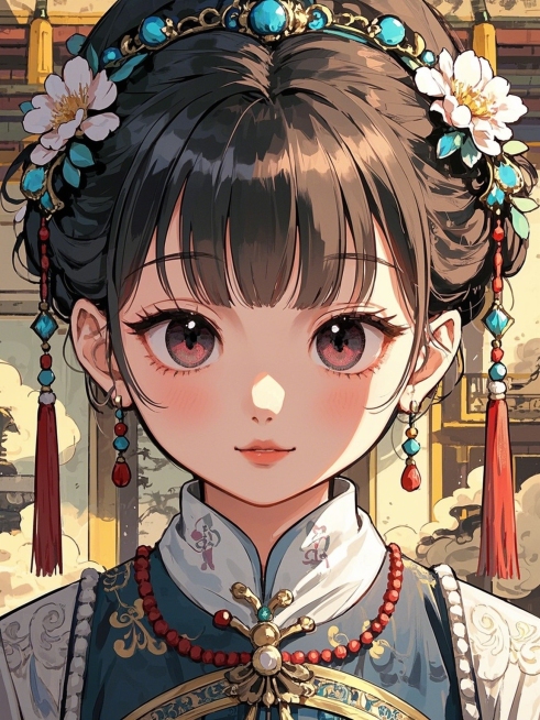 中式漫画，黑色的眼睛，穿着汉服服饰，身上点缀着各种配饰，背景充满中国古代文化元素，整体呈现古典风格，平涂画法预览效果