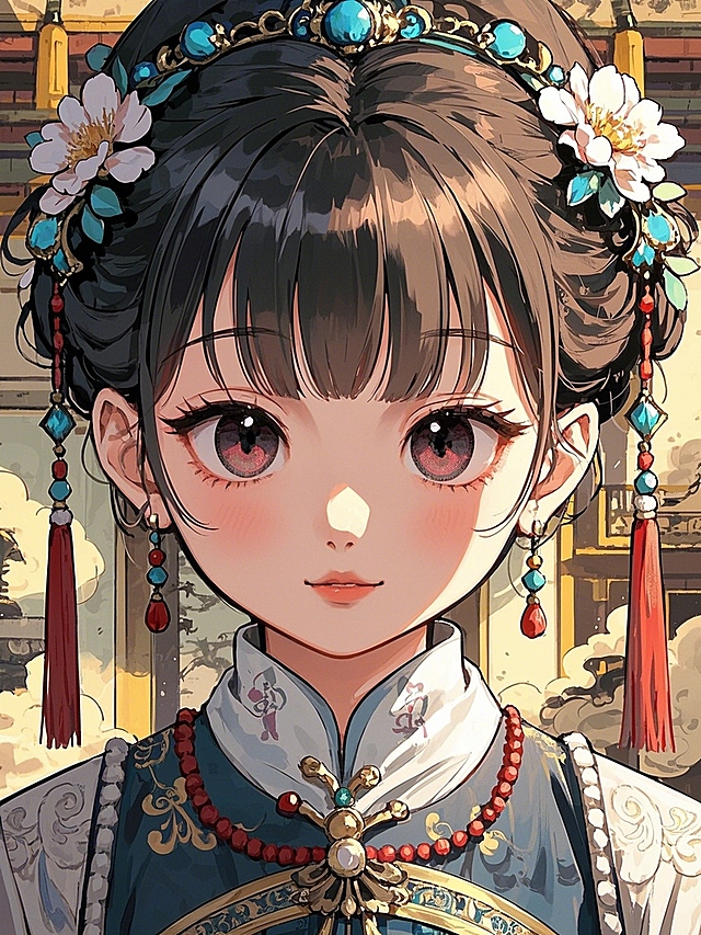 中式漫画，黑色的眼睛，穿着汉服服饰，身上点缀着各种配饰，背景充满中国古代文化元素，整体呈现古典风格，平涂画法