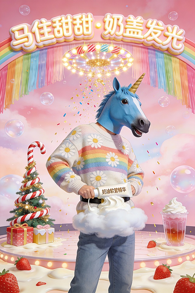梦幻感十足的插画风设计，拟人化蓝马头角色身穿彩虹毛衣，手持奶油软管精华，搭配波普艺术色彩与液态奶盖元素，营造出甜蜜可爱的圣诞氛围。