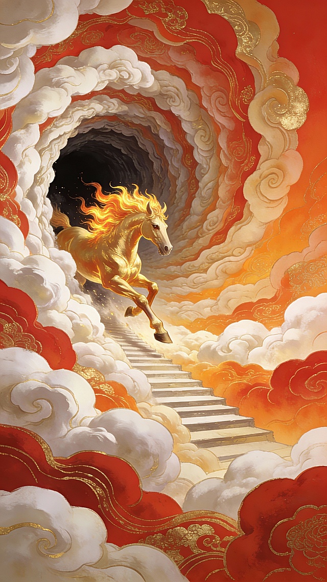 杰作，最佳质量，超高细节，8K分辨率，艺术站流行趋势，新国风，中国风奇幻插画，概念艺术，动态构图，无光线，无阴影，纯色主体**。

一幅通往天界的超现实入口特写：巨大、繁复的螺旋祥云由近及远盘旋上升，在画面中央上方靠左处汇聚成一个深邃的漩涡云洞。一匹雄伟的金色天马正从画面中央上方靠左处的云洞外奋力探入，以动态的四分之三侧角度展示，**仅露出头部与前腿**，强健的肌肉线条紧绷，**火焰般的金色鬃毛**如波浪般飞扬，姿态神圣而充满爆发力，喜庆吉祥。

**整个画面完全由祥云与天马构成**。祥云质感蓬松柔软如层叠的锦绣绸缎，呈现极致华丽、热烈的**朱红、鎏金与暖橘色**的细腻渐变与色彩交融。**通过色彩本身的明度与饱和度对比，清晰勾勒出祥云华丽的轮廓与体积感**。画面充满压迫感的纵深感与一触即发的动势。

融合叶露盈与倪传婧的现代构图与叙事感，传统神话意象与当代视觉设计精妙结合。整体氛围**神圣、充满希望与庆典感**，色彩本身具有超凡的幻想意境和强烈的视觉冲击力。