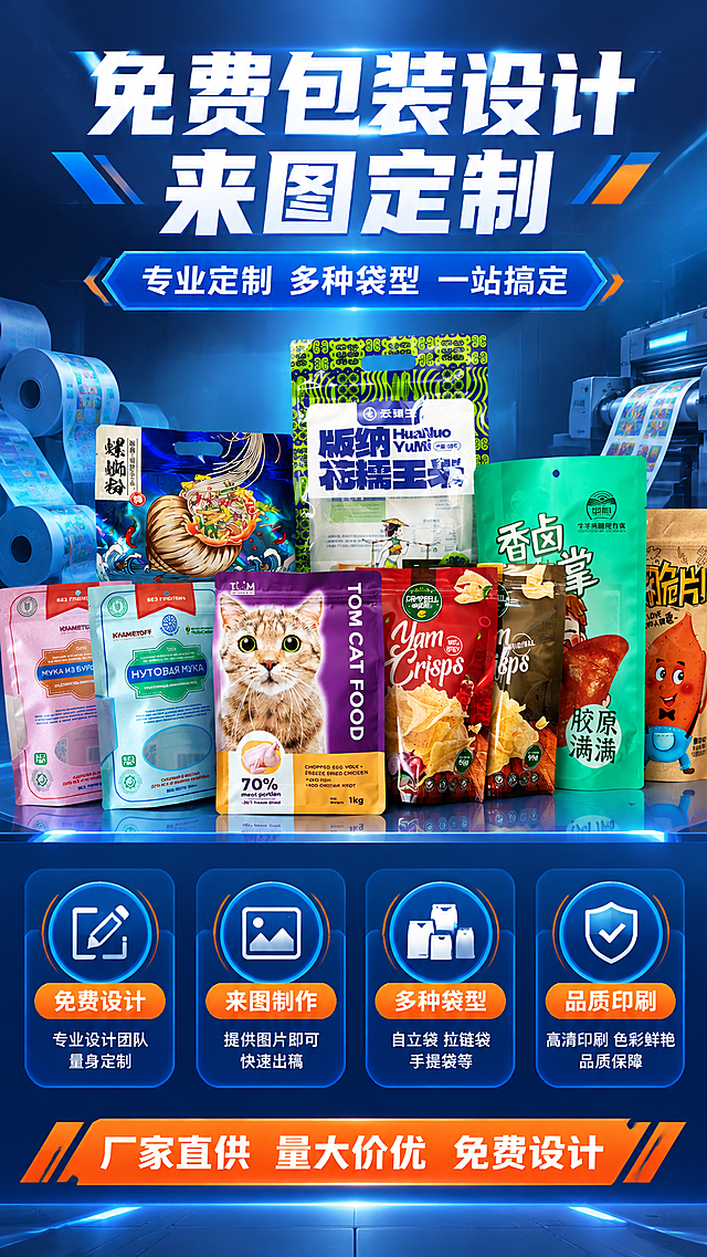 [商品] 使用【图1】多种定制印刷食品包装袋全家福产品图；保留各包装袋的图案、颜色、文字、造型（自立袋、手提袋、拉链袋等）、材质质感；增强印刷色彩饱和度和袋型立体感，保持各包装袋真实外观和品牌图案不变。
[画面] 定制印刷能力展示页，目标突出可定制印刷、免费设计、来图制作的服务优势；上下构图，上方多彩包装袋全家福展示占画面55%，下方定制服务说明区占45%；背景为工业深蓝渐变，有印刷设计元素点缀；采用系列矩阵+服务说明版式。
[视觉] 套系策略：风格=拼多多工业风高性价比商业海报；标题字=粗黑黑体大字；正文字=清晰黑体；主色=工业深蓝；背景延展=基于工业深蓝做渐变层次、金属反光质感和科技光效；强调色=亮橙色，仅用于小面积标签、图标和价格标；标题色=白色；正文色=浅灰白；组件=圆角信息卡、服务图标、设计元素装饰；光影=正面柔光+产品轮廓光。
[文字] 顶部大标题"免费包装设计 来图定制"，副标题"专业定制 多种袋型 一站搞定"；中部4个服务图标标签："免费设计"、"来图制作"、"多种袋型"、"品质印刷"；底部橙色条"厂家直供 量大价优 免费设计"；所有文字横排，不遮挡产品主体。
[规格] 图片比例9:16竖版，4K分辨率，避免变形、错字、文字过小、颜色失真、材质失真、极限词。