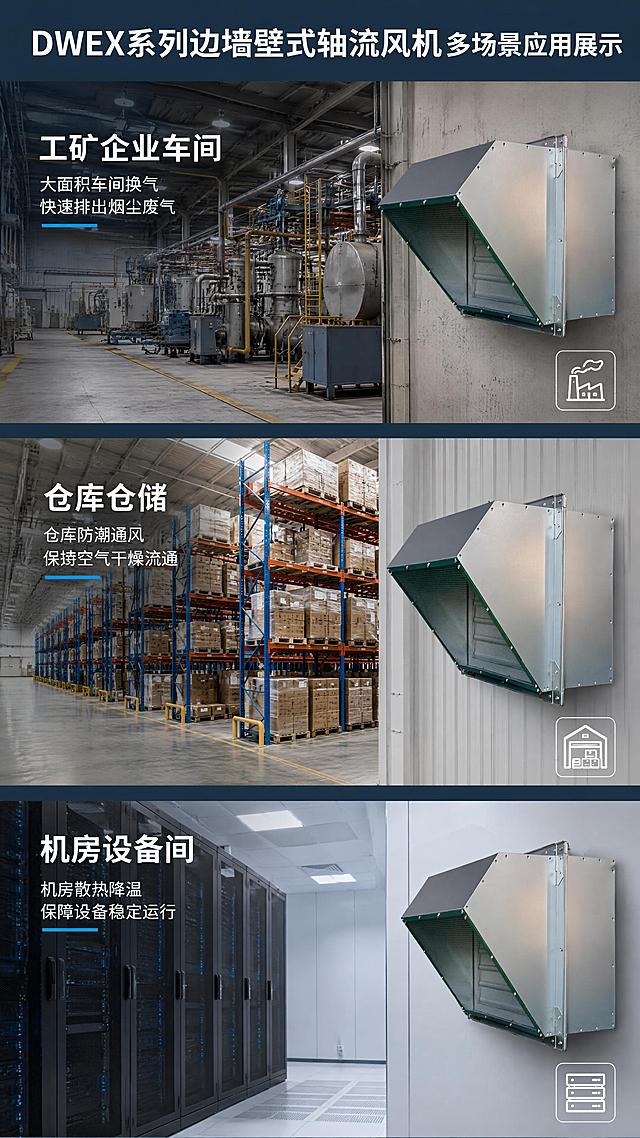 [第3屏] 场景适配-DWEX边墙壁式轴流风机多场景应用展示。本屏使用【图1】作为产品主体，分别合成到三个不同应用场景中。
[氛围/风格] 工业实景风，真实场景合成感，商业摄影质感，专业可信。
[元素布局] 画面采用上中下三栏布局，每栏展示一个应用场景：上栏「工矿企业车间」- 大型厂房内部，风机安装在侧墙，车间内有生产设备与管道；中栏「仓库仓储」- 大型物流仓库内，高位货架旁墙壁安装风机；下栏「机房设备间」- 服务器机房或配电房，风机安装在墙面通风口。每个场景中风机产品均保持原图外观结构，自然融入墙面。
[光影质感] 每个场景独立光源，车间为顶部工业灯照明，仓库为天窗自然光+顶灯，机房为冷白光；风机金属表面与场景光源方向一致，有自然反射与阴影。
[配色色系] 全局底色 #2C3E50 深灰蓝分隔栏；场景主色各有差异：车间暖灰调、仓库冷白调、机房蓝白调；文字统一白色标题 + 浅灰说明。
[视角构图] 三栏横向分割，每栏为独立场景透视，阅读动线从上至下依次浏览三个场景。
[文字版式] 每栏左侧或顶部标注场景名称：「工矿企业车间」「仓库仓储」「机房设备间」，白色粗体大字；下方小字说明适用场景与通风需求，如「大面积车间换气 快速排出烟尘废气」「仓库防潮通风 保持空气干燥流通」「机房散热降温 保障设备稳定运行」；每栏右下角配一个对应场景图标。
[比例分辨率] 9:16 竖版比例，4K分辨率，文字清晰可辨，高清画质。
[负向提示词] 产品变形，结构错误，颜色偏差，水印，文字错乱，人物面部清晰，场景不真实。