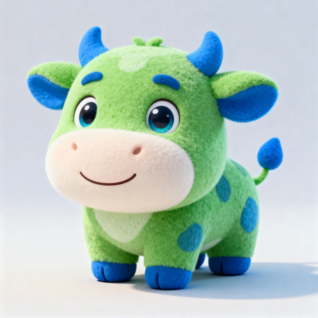 为生产病床和轮椅的佛山市怡康医疗科技有限公司重新设计3D吉祥物，形象为一头牛，配色以绿色和蓝色为主，造型更活泼可爱，突出医疗健康行业的温暖感，3D立体卡通风格预览效果