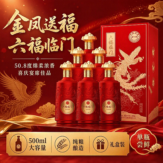 [第1张] 详情页头图-金六福六福临门金凤送福白酒主视觉海报。本张使用【图1】作为商品主体，整箱6瓶+礼盒组合展示。
[氛围/风格] 中式喜庆高级感，红金配色，商业摄影质感，拼多多风格大字醒目，礼赠宴席氛围浓厚。
[元素布局] 产品组合置于画面中下偏右，占比约65%；左侧及上方留标题区；背景为深红色渐变，点缀金色祥云纹、凤凰剪影、光晕光斑；前景有金色绸缎飘带装饰；产品瓶身红色、金色瓶盖、浮雕凤纹、六福临门字样与输入图完全一致，结构比例不变。
[光影质感] 左上方暖金色主光，右侧辅光补亮，瓶身金色部分高光明显，底部柔和投影，整体通透有质感。
[配色色系] 全局底色 #8B0000 深红渐变；主色正红+金色；辅助色米白、深棕红。
[视角构图] 正面微仰视，产品为视觉中心，阅读动线左上标题 → 中部产品 → 底部卖点条。
[文字版式] 左上主标题「金凤送福 六福临门」，书法体金色大字；副标题「50.8度绵柔浓香 喜庆宴席佳品」，白色宋体；底部金色横条上排列3个卖点icon：「500ml大容量」「纯粮酿造」「礼盒装」；右侧角标「单瓶尝鲜」。文字不遮挡产品主体。
[比例分辨率] 1:1 方图比例，4K分辨率，文字清晰可辨，高清画质。
[负向提示词] 瓶身变形，缺件错件，颜色偏差，水印，文字错乱，产品图模糊，背景杂乱，日期地址信息，极限词，拼多多logo。