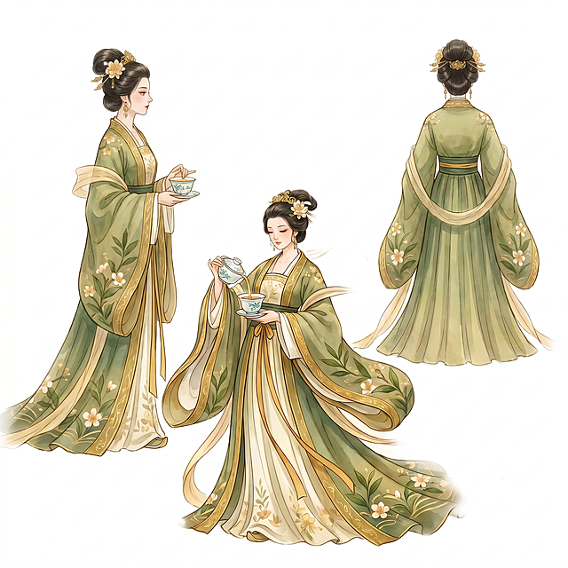 基于参考图中的古风汉服女子，生成她的侧面和背面三视图，保持服装样式、配色和整体风格一致，分为正面、左侧面、背面三个视角