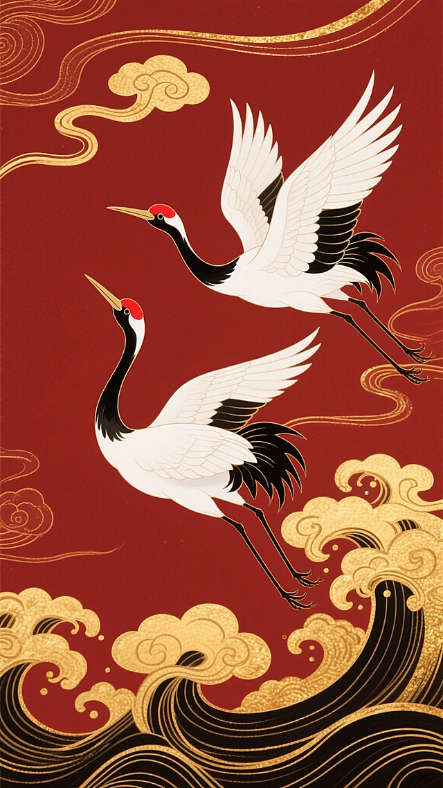 中国传统风格插画，以深红色为背景，点缀金色祥云纹样和流畅线条，两只丹顶鹤展翅飞翔，仙鹤羽毛洁白，头顶朱红，喙和双腿细长，黑色尾羽飘逸，画面下方是金色和黑色交织的波浪状祥云图案，整体呈现华丽庄重的东方美学氛围，色彩对比鲜明，细节精致，充满古典韵味。