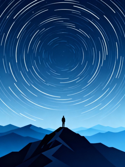 极简风格插画，深邃的渐变蓝夜空布满层层环绕的白色星轨，由中心向外扩散形成强烈的视觉引导线，前景中一座棱角分明的深色山峰顶部站立着一个剪影人物，远处是连绵起伏、层次分明的群山，呈现出由近及远的深蓝色到浅蓝色的色彩渐变，整体画面通过线条的疏密和色彩的深浅变化营造出极强的纵深感和空间感，宁静而悠远的氛围，扁平化设计语言，流畅的曲线与几何轮廓结合，强调空间层次与视觉深度。预览效果