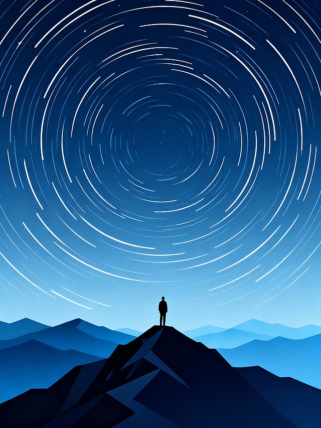 极简风格插画，深邃的渐变蓝夜空布满层层环绕的白色星轨，由中心向外扩散形成强烈的视觉引导线，前景中一座棱角分明的深色山峰顶部站立着一个剪影人物，远处是连绵起伏、层次分明的群山，呈现出由近及远的深蓝色到浅蓝色的色彩渐变，整体画面通过线条的疏密和色彩的深浅变化营造出极强的纵深感和空间感，宁静而悠远的氛围，扁平化设计语言，流畅的曲线与几何轮廓结合，强调空间层次与视觉深度。