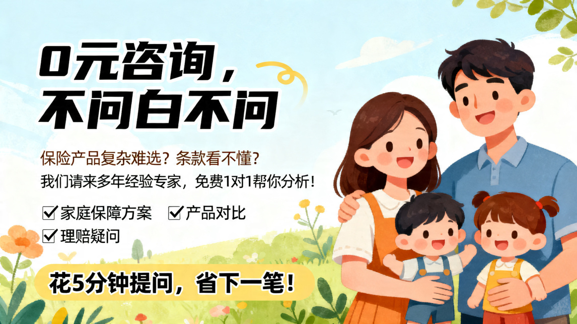 儿童插画风格保险咨询宣传海报，标题"0元咨询，不问白不问"做突出艺术设计，正文"保险产品复杂难选？条款看不懂？我们请来多年经验专家，免费1对1帮你分析！"，勾选项目"√家庭保障方案 √产品对比 √理赔预览效果