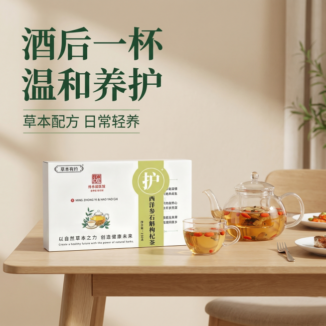[主图 4] 酒后养护场景主图
[氛围/风格] 现代简约生活场景，放松舒适，自然养生氛围。
[画面元素] 商业摄影质感、光线柔和通透、产品清晰真实、画面干净高级。餐后餐桌上，产品包装盒放置在一侧，旁边预览效果