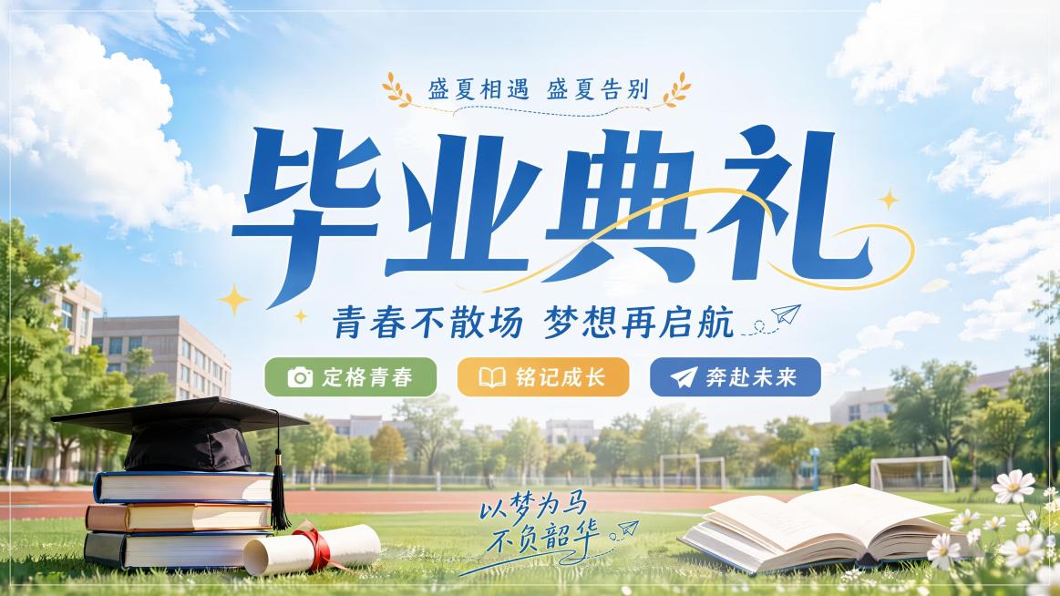 毕业展板海报，青春校园清新风格，写实商业摄影，主标题“毕业典礼”居中，副标题“青春不散场 梦想再启航”，装饰文案“盛夏相遇 盛夏告别”，卖点标签“定格青春”“铭记成长”“奔赴未来”，背景是大学校园操场预览效果