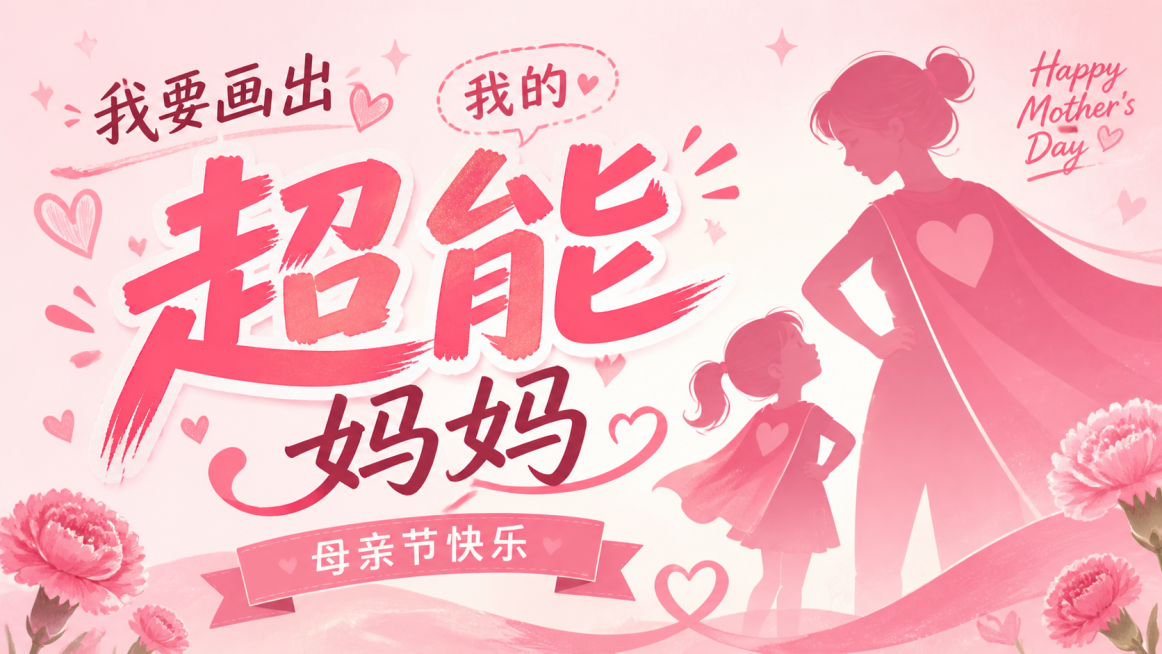 对文字"我要画出我的超能妈妈"换一种全新排版方式，保持突出"超能"两个字，母亲节温馨粉色主题，16:9宽屏构图预览效果