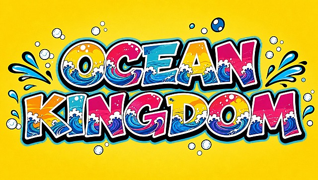 基于参考图进行修改：提取画面中央的"OCEAN"和"KINGDOM"两行涂鸦文字，保留文字内部的海浪纹理填充和立体描边效果。在文字周围只保留水花和泡泡元素，去除其他所有多余元素：包括SUMMER、WAVE、STREET、OCEAN VIBES、RIDE THE WAVE等所有其他文字，去除棕榈树、底部海浪、二维码占位框、底部标语和所有装饰性泼墨图案。背景保持明亮的黄色渐变，整体画面干净简洁，只有OCEAN在上、KINGDOM在下两行文字，周围点缀水花和泡泡元素。
