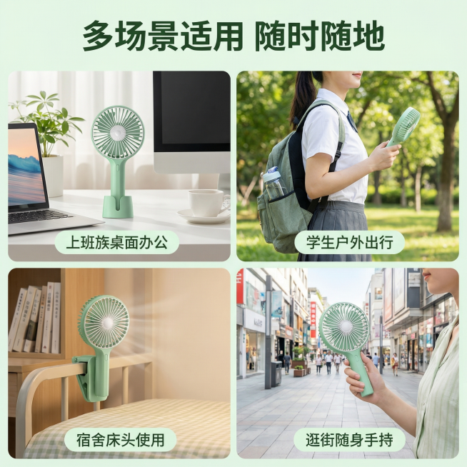[主图 4] 便携手持小风扇多场景适用展示
[氛围风格] 清新生活化风格，自然温馨，传递便捷感。
[画面元素] 商业摄影质感、光线柔和通透、产品清晰真实、画面干净高级。四宫格构图展示四种使用场景，每个预览效果