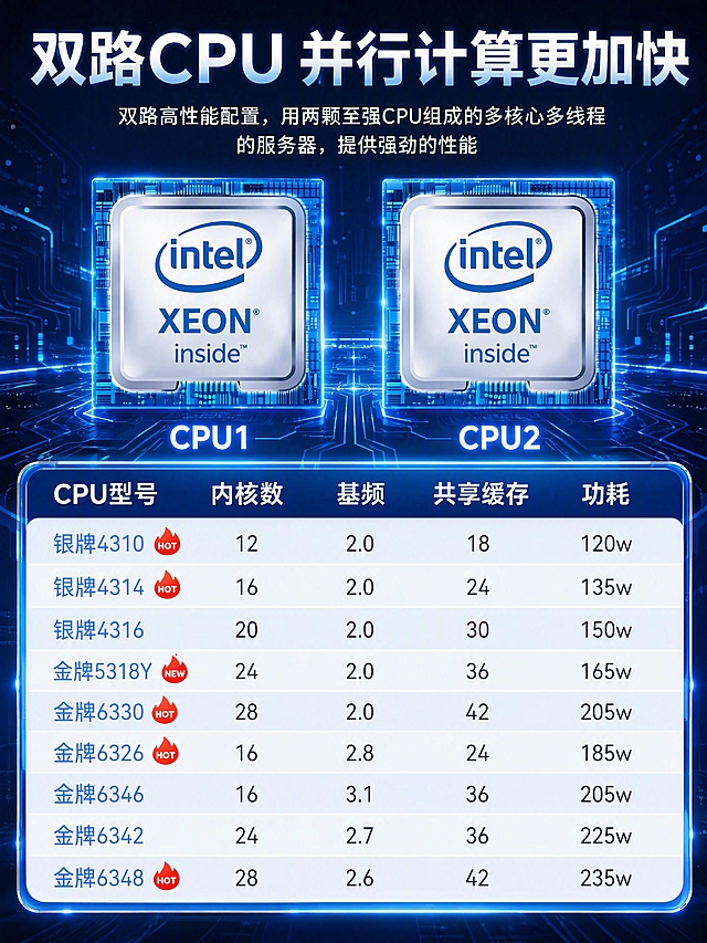 第1张：双路CPU并行计算性能详情页。本张使用【图4】作为内容参考，重新排版设计，保留全部文字内容不变。
[氛围/风格] 现代科技感，深蓝科技背景，数据光效粒子，发光线条，企业级专业质感。
[元素布局] 顶部大标题区，中部左右并排展示两颗Intel Xeon CPU芯片，CPU1和CPU2对称摆放，带蓝色电路纹理光效；下方为CPU型号参数表格，表格采用科技感圆角卡片设计；背景为深蓝色渐变，带有电路板纹理和流动光带。
[光影质感] 顶部柔光打亮标题，CPU芯片有金属高光反射，表格区域清晰明亮，整体冷色调科技光感。
[配色色系] 全局底色 #0A1A3A 深蓝渐变；主色 #1E88E5 科技蓝；辅助色 #00E5FF 青色光效、白色文字。
[视角构图] 竖版上下构图，阅读动线：顶部标题 → 中部双CPU展示 → 底部参数表。
[文字版式] 顶部主标题「双路CPU 并行计算更加快」，副标题「双路高性能配置，用两颗至强CPU组成的多核心多线程的服务器，提供强劲的性能」；CPU下方标注「CPU1」「CPU2」；底部参数表包含列：CPU型号、内核数、基频、共享缓存、功耗，行内容为：银牌4310（12核/2.0/18/120w）、银牌4314（16核/2.0/24/135w）、银牌4316（20核/2.0/30/150w）、金牌5318Y（24核/2.0/36/165w）、金牌6330（28核/2.0/42/205w）、金牌6326（16核/2.8/24/185w）、金牌6346（16核/3.1/36/205w）、金牌6342（24核/2.7/36/225w）、金牌6348（28核/2.6/42/235w）；表格表头深蓝底白字，表行交替浅灰与白色底，热门型号带HOT红色角标，新款带NEW红色角标；所有文字清晰可读。
[比例] 3:4竖版比例
[负向提示词] 变形，水印，文字错乱，文字过小，颜色偏差，背景杂乱，CPU芯片结构错误
