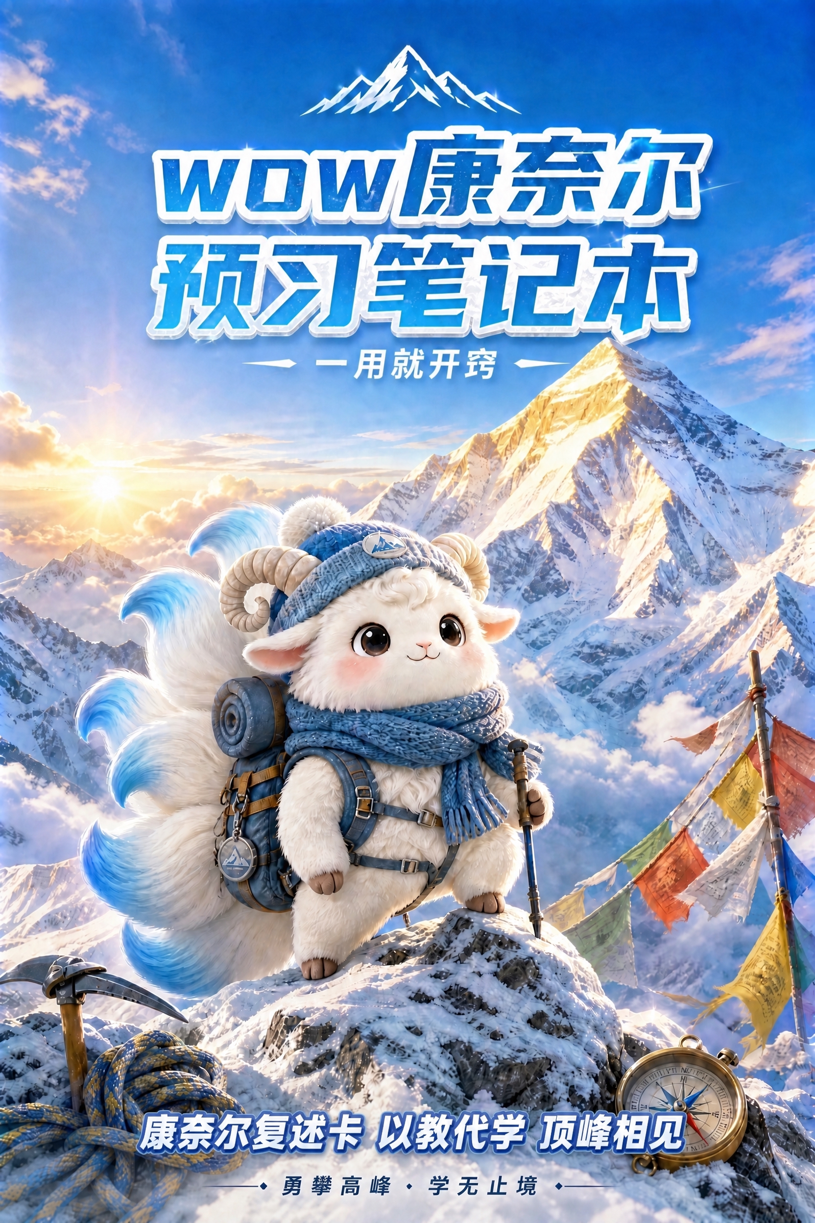保持原图的雪山背景、登山小羊形象、登山装备、经幡、日出阳光、顶… - 图片创意预览