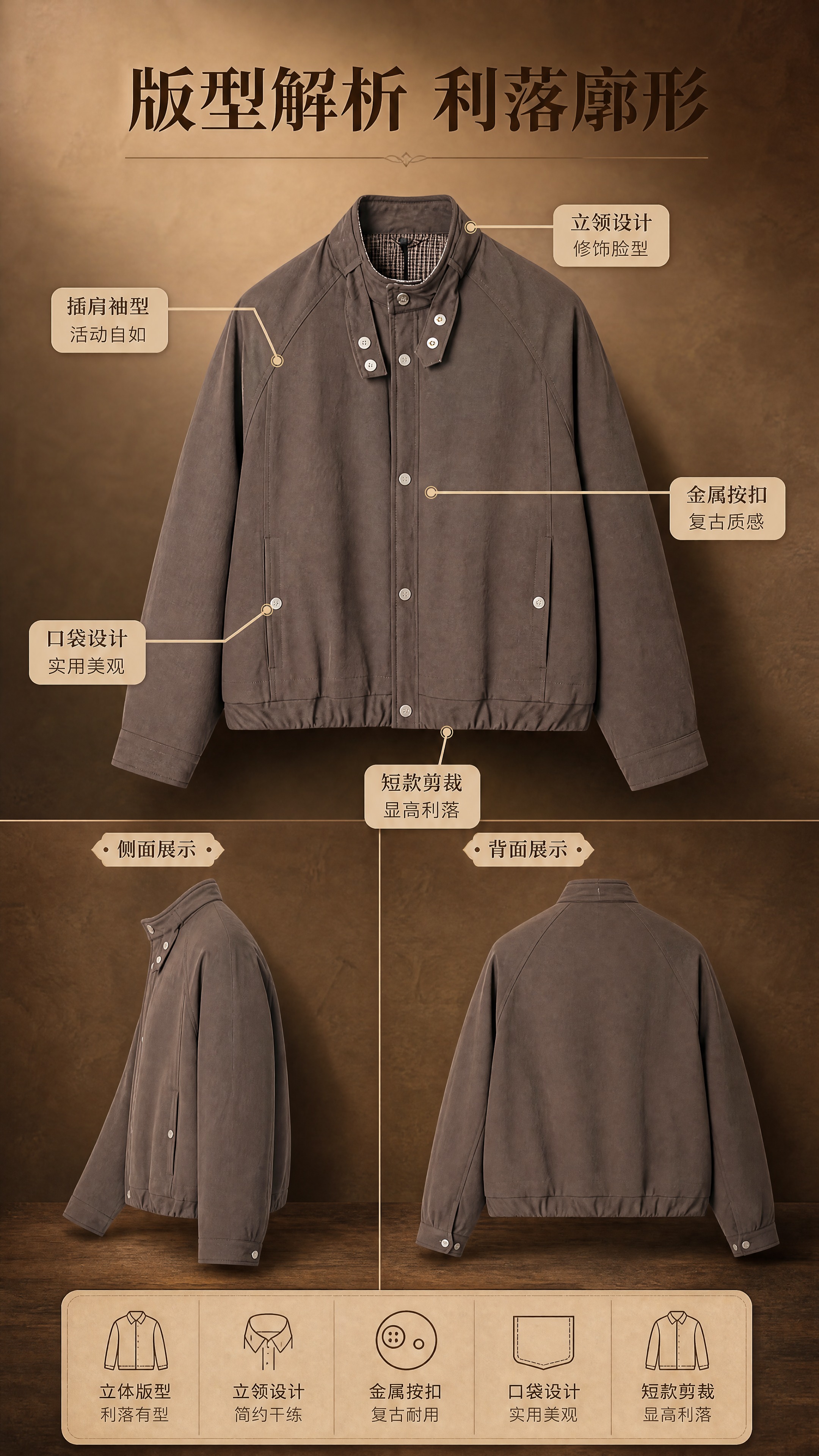 [商品] 使用【图1】美拉德棕色立领短款夹克；商品处理：保留立… - 图片创意预览