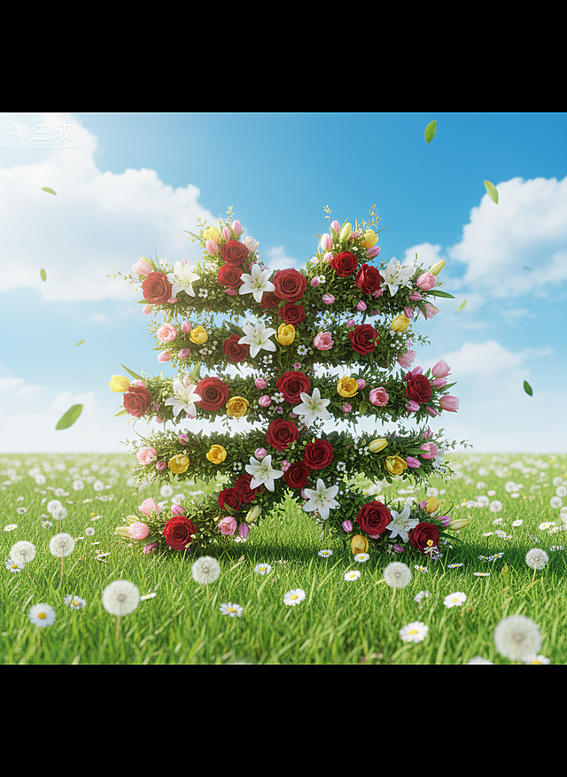 将logo变成由繁花缠绕组成的3D图形，画面色彩鲜艳，展现了一片明亮的宁静草地，配色为绿色。以蓝天白云为背景，绿叶飘落的动态感，辉光效果，明亮，超清
