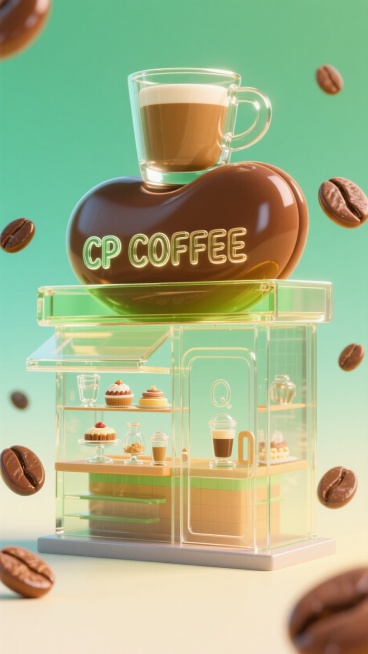 一个 Q 版的咖啡小店，侧拍镜头，小店门头是咖啡豆造型，顶部有一杯拿铁咖啡，写着 “CP COFFEE”，棕色和绿色组合，店内陈列着很多各式咖啡及甜点。周围漂浮很多棕色咖啡豆。棕色渐变背景。预览效果