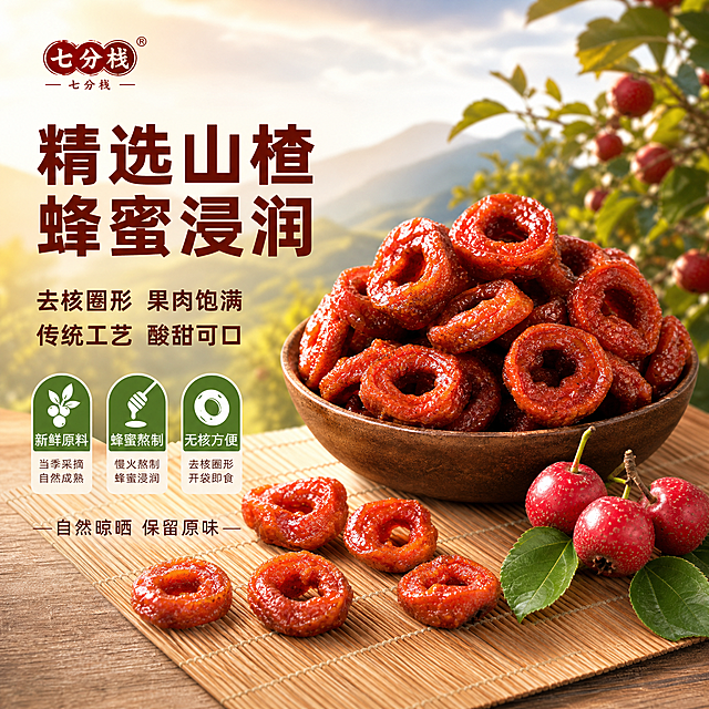 [主图-2] 蜂蜜山楂圈核心卖点与品质溯源图，拼多多风格，突出原料与工艺优势。
[氛围风格] 自然产地感、品质可信、暖调清新、食欲感强；
[画质] 商业摄影质感、光线柔和通透、产品清晰真实、细节丰富；
[元素] 画面中央偏右为一只深棕色粗陶碗，碗中堆满红润油亮的去核山楂圈，碗前方散落5-6片单独的山楂圈，旁边摆放3颗带绿叶的新鲜红山楂果和一小枝山楂树叶。背景虚化呈现远山果园与暖黄色天空的产地氛围，隐约可见山楂树绿叶。左侧留出文案空间。**保持蜂蜜山楂圈产品外观（即圈形去核结构、红润油亮质感、琥珀色糖衣光泽）与输入产品图绝对一致，杜绝任何变形和色差，精细化处理**。商品主体占比约65%；画面满屏无边框。
[光影] 自然暖阳侧逆光，山楂圈表面糖衣通透发亮，新鲜山楂果有自然高光；整体暖金色调，光线柔和，阴影过渡自然，突出果肉饱满质感。
[配色] 主色调山楂红、暖棕；辅助色草绿、米黄、天空淡蓝。
[视角构图] 45度略微俯视视角，主体碗居中偏右，左侧文案区；背景虚化突出主体，景深中等偏浅，层次分明。
[文字版式] 左上放置“七分栈”品牌小Logo。左侧负空间左对齐排版，主标题超大粗黑体“精选山楂 蜂蜜浸润”，深棕红色字；主标题下方两行中号字“去核圈形 果肉饱满”“传统工艺 酸甜可口”。中部偏左用三个绿色圆角图标横向排列，分别配文字“新鲜原料”“蜂蜜熬制”“无核方便”，每个图标下有小字说明。底部一行细字“自然晾晒 保留原味”。所有文字清晰可读，不遮挡产品主体。
[输出要求] 1:1比例，文字清晰锐利，超高清商业摄影质感；
[负向提示词] 变形，文字错乱，产品图模糊，背景杂乱，水印，电商平台Logo，人物，手部。