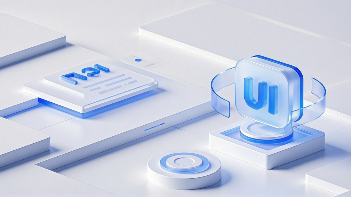 将图中方块上的“AI”两个蓝色玻璃质感文字修改为“UI”，保持原有的蓝色玻璃质感、3D立体效果，整体蓝白科技风、3D场景、光影和构图均保持不变预览效果