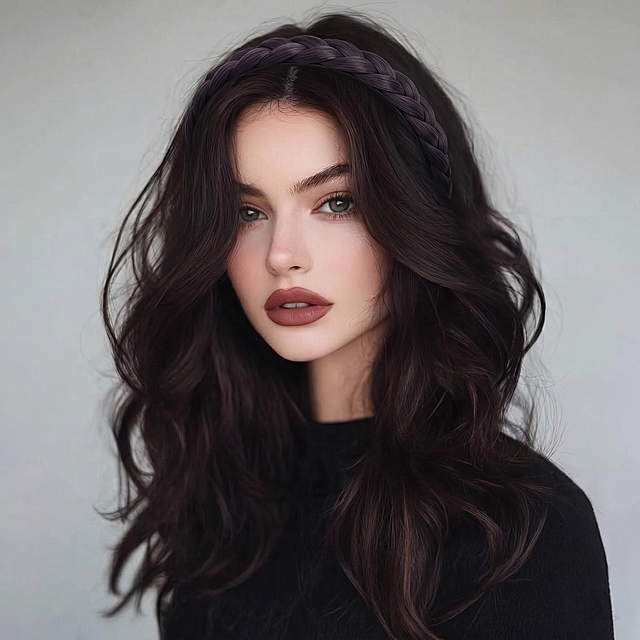 将第二张图中1.5厘米宽的深紫黑色编发发带佩戴到左侧模特的头上，放置在发际线合适位置，让发带颜色和模特深棕色头发自然匹配贴合，保留模特原本的脸型、长卷发、黑色上衣和浅灰色背景，保持整体画面真实自然，光影协调