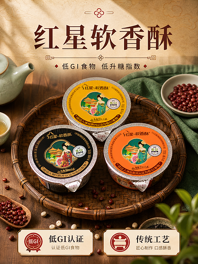 [商品] 使用【图1】【图3】红星软香酥三杯全家福（黄色白芸豆酥、黑色黑芝麻酥、橙色款）；商品处理：保留杯盖图案、仕女插画、低GI认证标识、品牌Logo、包装文字、铝箔封边、杯身形状和颜色，不重绘产品、不调色、不改产品外观，仅做排版融合。
[画面] 目标：头图海报页，食欲氛围型，突出低GI核心卖点与产品全家福。构图：上文下图，顶部标题区占画面30%，中部产品主体占画面55%，底部点缀原料与装饰；产品置于竹编托盘上，周围点缀红小豆、青瓷茶具、绿色麻布等中式元素，前中后景三层景深，暖木桌面背景，营造中式茶点氛围。
[视觉] 套系策略：风格=中式国潮传统食品商业摄影风；标题字=思源宋体粗体（商用免费宋体）；正文字=思源黑体常规体（商用免费无衬线体）；主色=深棕红+暖木棕；背景延展=基于暖棕木色做深浅层级、同色渐变和细腻木纹/宣纸质感；强调色=朱砂红，仅用于小面积图标、引线、标签和标题点缀；标题色=深棕红；正文色=深棕灰；组件=圆角米白底信息卡、细金线引线、中式云纹/回纹装饰元素；光影=左前侧暖柔光，自然窗影感。
[文字] 顶部居中主标题「红星软香酥」大字，副标题「低GI食物 低升糖指数」，主标题下方加中式装饰分隔线；底部左右两侧各放1个卖点小标签：「低GI认证」「传统工艺」；所有文字横排，不遮挡产品杯盖主视觉与低GI标识；字号保证手机端清晰可读。
[规格] 图片比例3:4竖版，4K分辨率，负向提示：避免产品变形、错字、文字过小、产品重绘、调色、冷蓝背景、绝对化用语、医疗功效宣传、二维码、平台Logo水印。