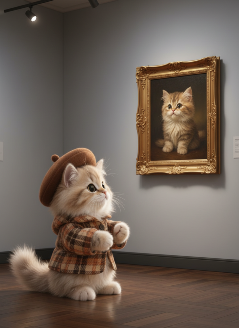 参考图小猫站在画面左侧看着画展展示的画，右侧墙上的挂画内容为小猫本体油画，画框要放高一点，小猫面对画框抬头看，露出一点侧脸，整体背景设定在一个高档画展区。预览效果