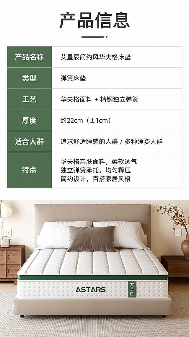 [第8屏] 产品规格参数页，最后一屏整理呈现核心产品信息。使用简约清晰表格排版
[氛围/风格] 干净规整信息页，白底清晰排版
[元素布局] 顶部主标题，中部参数表格区域，下半部分完整展示产品整体外观使用【图7】，产品占底部约40%，表格占上半部分约60%，保留床垫原有外观和品牌
[光影质感] 均匀柔和照明，表格文字清晰，产品展示清楚
[配色色系] 全局底色 #FFFFFF；深灰色文字，绿色表头，浅灰色表格分隔线
[视角构图] 从上到下排版，先参数后产品展示
[文字版式] 顶部标题「产品信息」，表格包含：产品名称、类型、工艺、厚度、适合人群、特点几个核心参数，文字清晰可读，行间距适中，不拥挤
[比例分辨率] 9:16竖版比例，1080×1920分辨率，4K，文字清晰可辨，高清画质
[负向提示词] 表格错乱，文字模糊，产品变形，颜色偏差