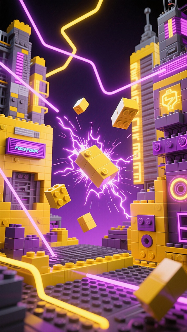 赛博朋克风3D城市，霓虹灯闪烁，积木爆炸，未来科技感十足。