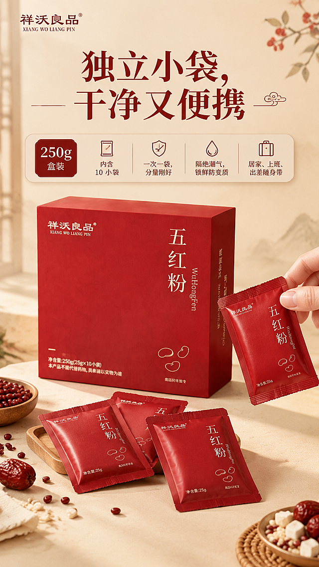 [商品] 使用【图1】祥沃良品五红粉红色包装盒作主体展示；保留正红色盒体、正面Logo、右侧竖排五红粉字样、底部图案与文字；商品处理：保持盒体方正结构与正红色调，增强包装质感。
[画面] 目标为独立小袋包装优势展示，包装全家福型构图；画面中央为完整的红色五红粉包装盒，正面微侧45度；盒前散落3-4袋独立小包装，小袋为红色系设计，与主盒风格统一；其中一袋倾斜摆放，展示小袋形态；旁边有一只手正拿起一袋，展示便携性；暖米色桌面背景，干净简洁；产品与小袋合计占画面约60%。
[视觉] 套系策略：风格=温润国风新中式食品商业摄影；标题字=宋体衬线粗体；正文字=简洁无衬线体；主色=正红+暖米白；背景延展=基于暖米白做深浅层级、同色渐变和细腻宣纸/谷物质感；强调色=枣红，仅用于小面积图标、引线和标签；标题色=正红色；正文色=深棕灰；组件=圆角浅底信息卡、细线引线、中式纹样点缀；光影=左前侧暖柔光，柔和阴影。
[文字] 顶部主标题「独立小袋，干净又便携」；下方分点：250g 盒装｜内含 10 小袋、一次一袋，分量刚好、隔绝潮气，锁鲜防变质、居家、上班、出差随身带；文字横向排版，层级清晰。
[规格] 图片比例9:16竖版，4K分辨率，负向提示：避免变形、错字、文字过小、冷蓝/蓝灰背景、包装颜色改变、医疗功效宣传、极限词。