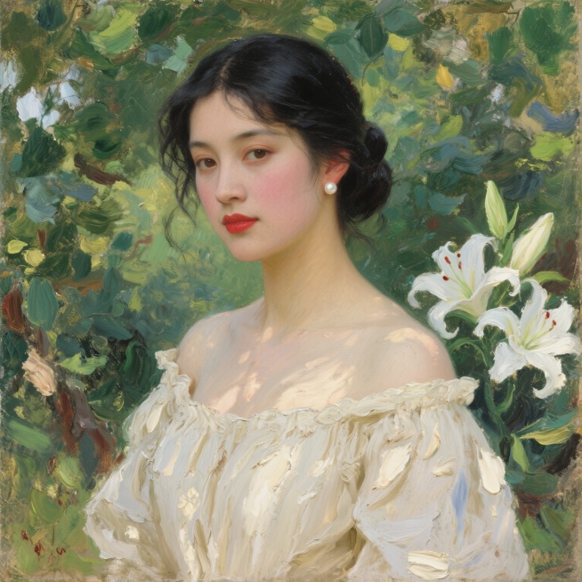 古典油画风格人像，一位亚洲女性，黑色长发挽成低发髻，几缕碎发垂在脸颊两侧，眼神温柔望向镜头，红唇微抿，耳垂戴着珍珠耳钉。身着米白色露肩褶皱连衣裙，布料轻盈有垂感，阳光透过树叶在裙子上形成斑驳光影，背景预览效果