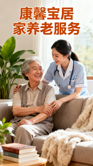一张康馨宝居家养老服务宣传海报，温暖治愈风格，暖色调，画面包含温馨的老人居家康养场景，有专业护理人员陪伴老人，整体画面温馨舒适，上方配有醒目的文字"康馨宝居家养老服务"预览效果