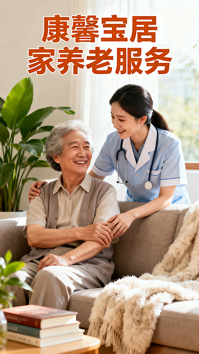 一张康馨宝居家养老服务宣传海报，温暖治愈风格，暖色调，画面包含温馨的老人居家康养场景，有专业护理人员陪伴老人，整体画面温馨舒适，上方配有醒目的文字"康馨宝居家养老服务"