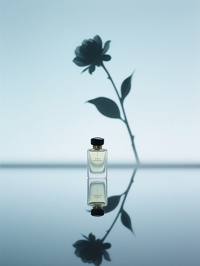 底部镜面倒映着一瓶高端香水的特写，背后是一支长长的山茶花剪影，淡青色渐变背景
