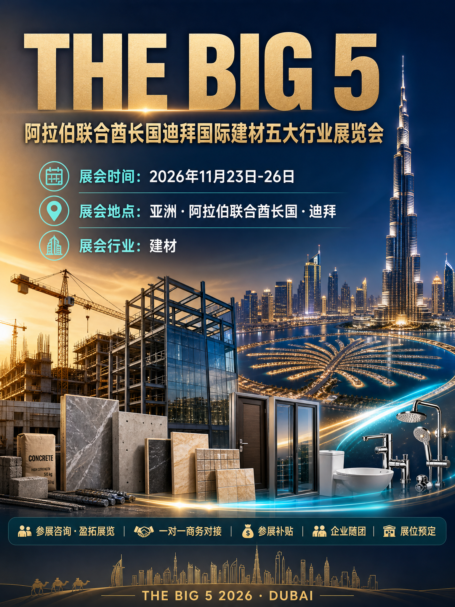 制作一张3:4竖版国际建材五大行业展览会宣传海报，主题为阿联酋… - 图片创意预览