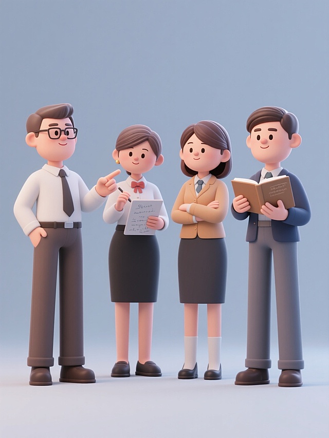 3D风格，简约现代造型，纯色背景，无文字无logo无水印，四个规整排布的老师形象，包含不同性别和不同动作，延续原图柔和光影、平滑渐变材质、卡通化写实面部特征及职业服饰风格，每个角色姿态各异（如指点、板书、阅读、交流等），色彩和谐统一，整体保持清晰的3D建模质感与简洁的视觉呈现。