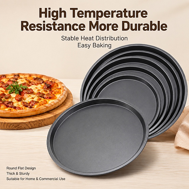 [主图-1] Round non-stick pizza pan product main image. Highlight product features with all English text.
[氛围风格] Clean commercial baking product style, simple and practical.
[画质] Commercial photography texture, soft and transparent light, clear and realistic product, clean and advanced picture.
[元素] Multiple stacked black non-stick round pizza pans, one placed in front, others stacked diagonally behind, a baked pizza is placed on the wooden board next to it. Keep the appearance (physical structure, material texture, color) of the pizza pan absolutely consistent with the input product image, eliminate any deformation and color difference, fine processing. The product主体 accounts for about 75% of the picture, full screen without border.
[光影] Soft natural side light, uniform light transmission, highlight the matte non-stick surface texture of the pizza pan, soft shadow, clear layering, no glare.
[配色] Main tone: light beige warm color, auxiliary color: matte black of the product, keep the overall color clean and coordinated.
[视角构图] Front overlook, centered composition, clear primary and secondary, full display of product appearance.
[文字版式] Top center, large main title "High Temperature Resistance More Durable", dark brown bold sans-serif font; below the main title, two lines of small text "Stable Heat Distribution Easy Baking", the same font color, half size; bottom left small text "Round Flat Design Thick & Sturdy Suitable for Home & Commercial Use", the font is smaller. Text is placed in the negative space, does not block the product subject, the text is clear and readable.
[输出要求] 1:1 square ratio, 2048px * 2048px, clear text, ultra high definition commercial photography texture.
[负向提示词] Deformation, text confusion, blurred product picture, messy background, watermark, e-commerce platform Logo, Chinese text.