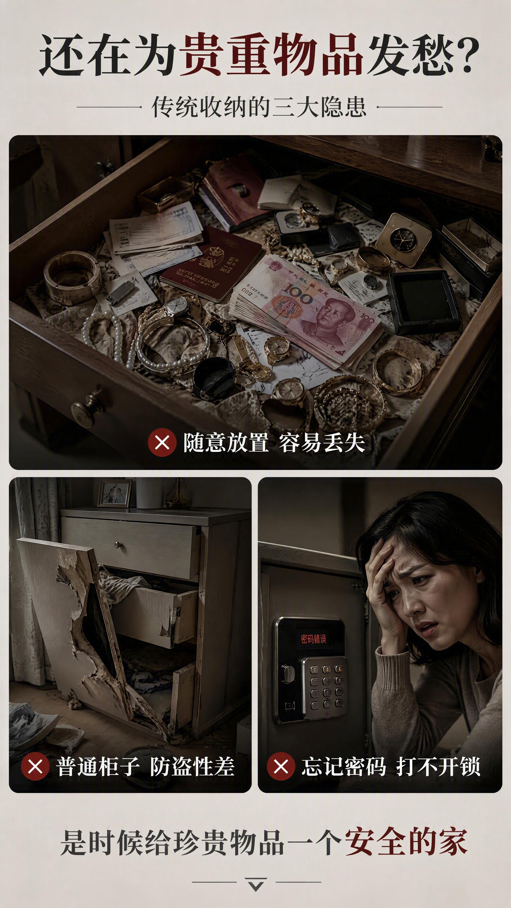 [第2张] 详情页痛点直击页-家用贵重物品收纳困扰。本张无需产… - 图片创意预览