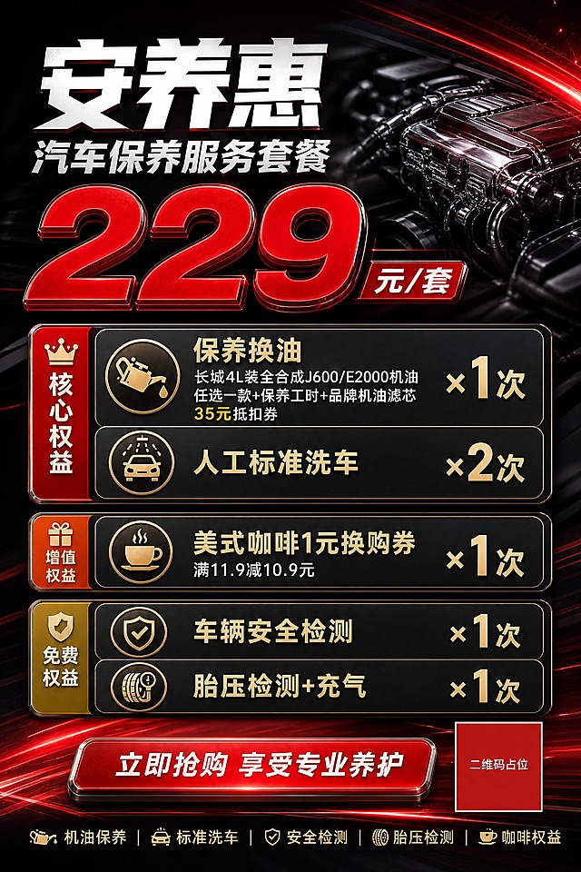 设计一张大气立体的汽车保养服务套餐海报，A4竖版2:3比例，黑红金属质感，汽车服务专业风格，吸引客户。

【整体风格】
- 深黑色渐变背景，右上角和底部有红色光晕与红色速度光线条装饰
- 中后景隐约可见汽车发动机或金属机械部件做氛围衬托，金属反光质感
- 整体立体层次感强，卡片有悬浮感和投影，大气高端

【顶部主标题区】
- 主标题大字："安养惠" 白色粗体，下方副标题："汽车保养服务套餐"
- 价格区醒目突出：超大红色立体数字"229"，右侧标注"元/套"，价格极具视觉冲击力

【中部权益卡片区，分三组立体卡片布局，直观清晰】

第一组【核心权益】（红色标签突出，最重要）：
- 卡片1：标题"保养换油"，下方小字说明"长城4L装全合成J600/E2000机油任选一款+保养工时+品牌机油滤芯35元抵扣券"，右侧标注"×1次"
- 卡片2：标题"人工标准洗车"，右侧标注"×2次"

第二组【增值权益】（橙色标签）：
- 卡片3：标题"美式咖啡1元换购券"，下方小字"满11.9减10.9元"，右侧标注"×1次"

第三组【免费权益】（绿色或金色标签）：
- 卡片4：标题"车辆安全检测"，右侧标注"×1次"
- 卡片5：标题"胎压检测+充气"，右侧标注"×1次"

- 每张卡片为深色圆角矩形，带金属边框和投影，立体悬浮感
- 每组权益左侧有对应图标和分组标签，层级分明

【底部】
- 红色渐变立体按钮："立即抢购 享受专业养护"
- 底部小字："机油保养 | 标准洗车 | 安全检测 | 胎压检测 | 咖啡权益"

【硬约束】
- 画面中所有数字必须精确渲染："229"、"4L"、"35元"、"11.9"、"10.9元"、"1次"、"2次"，不得错位、遗漏或编造。
- 画面中所有信息区域、套餐卡片必须填充完整合理的内容，不得出现空白框、空白占位。
- 画面中所有二维码区域使用纯色方块占位符呈现，方块中央标注"二维码占位"文字，严禁生成任何可识别的二维码图案。
- 版式精美，大气立体，商业海报质感，信息直观易读。