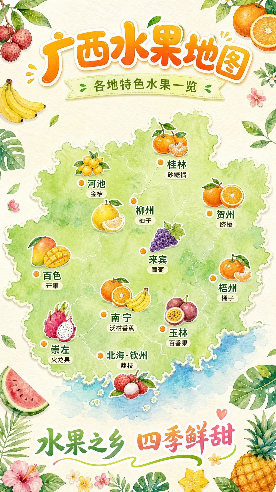 手绘水彩风格的广西水果特产地图信息图，竖版构图。画面中央是广西… - 图片创意预览