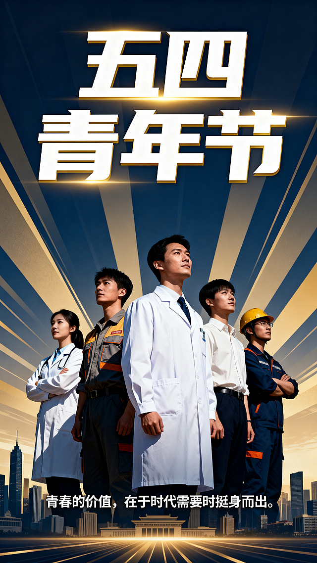 一张充满力量感的五四青年节海报，超低仰视角度，5-6位不同领域（科技、医疗、教育、工程）的青年并肩站立，姿态坚定，目光望向远方。他们身穿各自职业服装（白大褂、工装、衬衫等），背景是现代城市天际线与抽象光束，光束从身后向前放射，象征挺身而出。画面正上方放置主标题"五四青年节"，使用白色粗壮字体，边缘有金色光芒。画面底部放置核心文案"青春的价值，在于时代需要时挺身而出。"整体色调以深蓝、金色、暖白为主，光影强烈，人物剪影与背景形成对比，8k高清，电影级光影质感，构图庄重有力