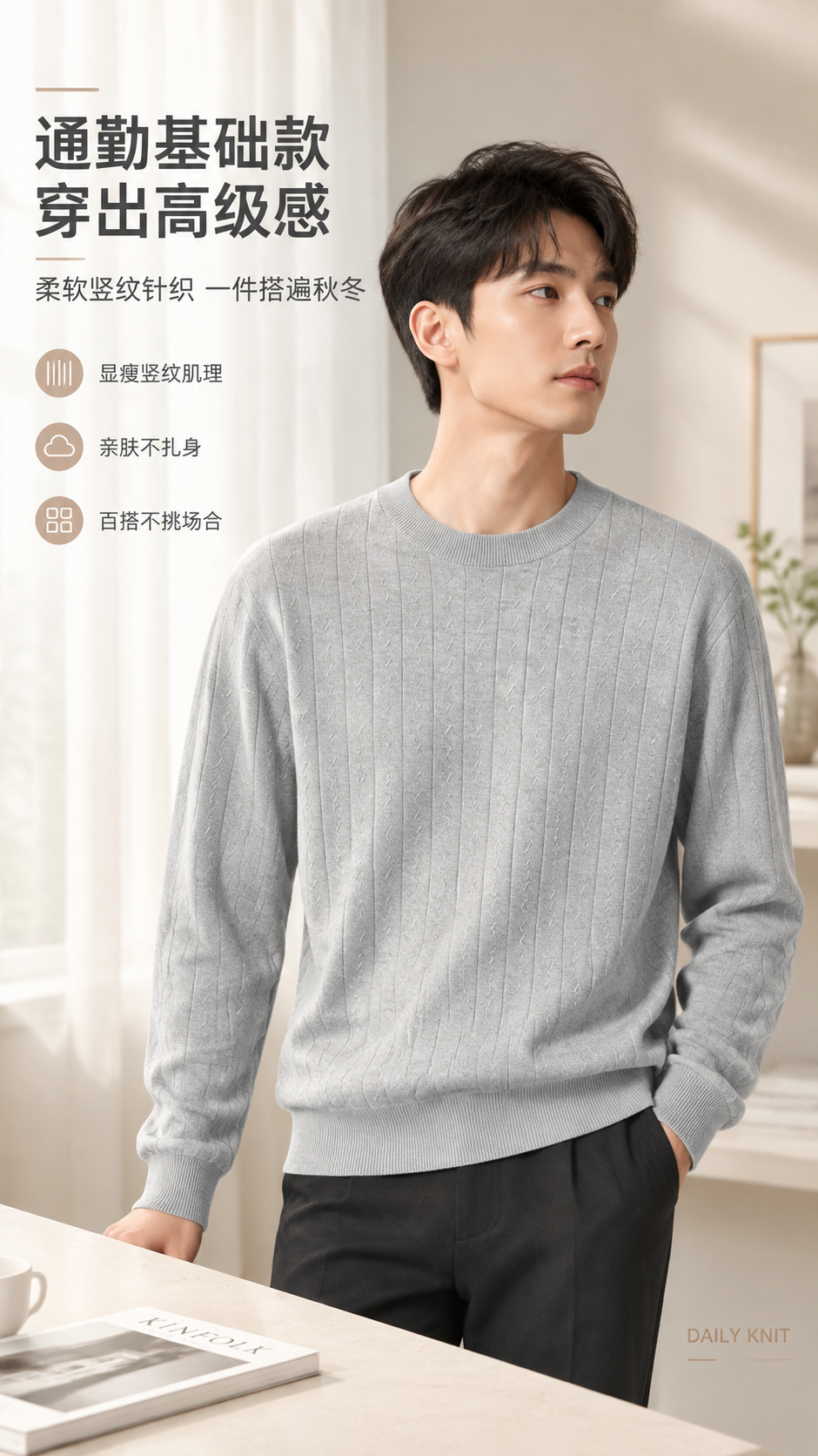 [商品] 使用【图1】浅灰色竖纹圆领针织衫；保留圆领罗纹领口、… - 图片创意预览