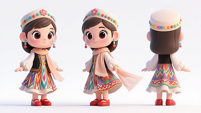 软3D风格的卡通女孩，融合民族元素与可爱设计，色彩斑斓的服饰展现节日氛围，面料质感细腻，充满童趣与文化韵味。