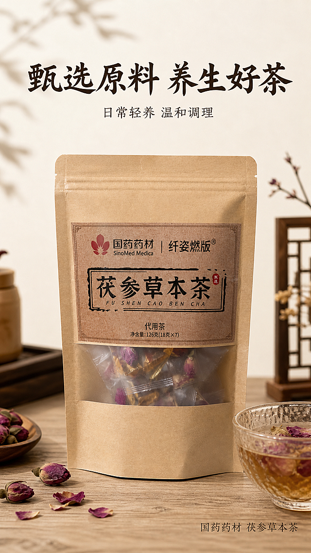 [第1屏] 详情页头图-玫瑰花茶茯参草本茶宣传海报。
[氛围/风格] 中式养生氛围，牛皮纸复古质感，自然质朴商业摄影，画面沉稳温馨。
[元素布局] 茯参草本茶牛皮纸包装袋放在画面偏下区域，占据画面 65%-70% 主体。保持牛皮纸包装袋、标签文字排版、开窗设计、产品颜色与输入图1一致。背景使用浅棕色木纹桌面，上方留白放置标题，前景放置几株干玫瑰花和透明品茗杯做点缀，整体层次分明。
[光影质感] 左上方柔和主光照亮产品，保留牛皮纸纹理质感，下方形成自然投影，整体明暗层次清晰，产品边缘真实清晰。
[配色色系] 全局底色：#F5F0E6（浅米黄）；主体配色：#D2B48C（牛皮纸棕）+#5C4033（标签深棕）+#A85C6B（玫瑰紫）；辅助色：#E8E1D6（浅木纹）+#333333（标题深棕）。
[视角构图] 正面平视，产品位于画面中下区域，顶部完整留给标题，整体构图饱满。
[文字版式] 上文下图版式，顶部标题居中。主标题「甄选原料 养生好茶」，深棕色加粗书法字体，字号为画面高度 8%，字效为纯色填充；副标题「日常轻养 温和调理」，深棕色细体，字号约为主标题 40%，主标题下方居中；右下角小字标注「国药药材 茯参草本茶」。本套详情页统一使用「温润书法标题+深棕色正文」，字色共 1 种，字效均为纯色填充。
[比例分辨率] 9:16 竖版比例，2K分辨率，文字清晰可辨，超高清。
[负向提示词] 包装变形，文字错乱，颜色偏差，产品图模糊，背景杂乱，虚假功效，极限词，二维码，水印