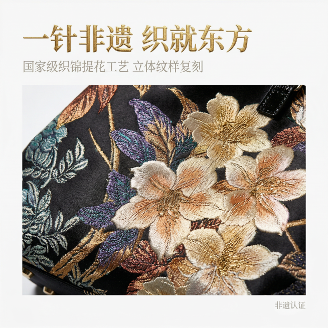 严格还原上传的原图产品细节，聚焦包身织锦提花的花卉纹样、立体针脚、金属光泽细节，产品提花区域特写占据画面 70% 核心区域，主标题“一针非遗 织就东方”以鎏金书法体置于画面左上角，副标题“国家级织锦提预览效果