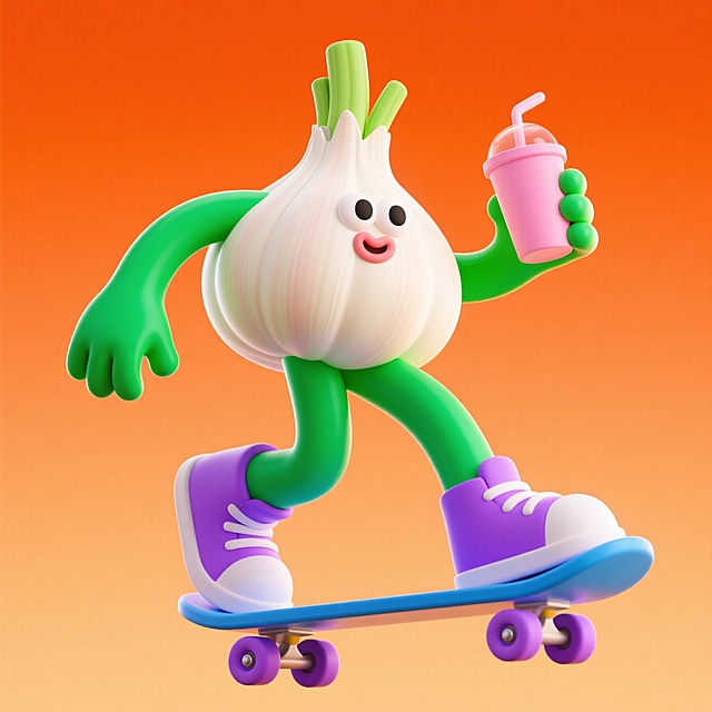 软3D风格的大蒜拟人角色，手持奶茶滑板酷炫登场，充满可爱与趣味感，卡通造型搭配明亮色彩，节日氛围轻松活泼。