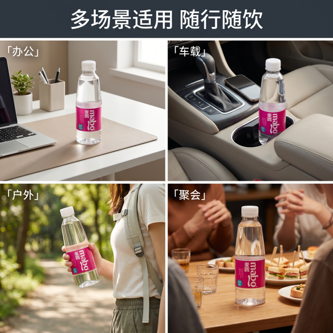 [主图 4] 麦宝纯净水多场景适用展示宫格图。[氛围风格] 生活化自然场景，真实亲切，展示多场景适配；[画质] 商业摄影质感、光线柔和通透、产品清晰真实、画面干净高级。[元素] 采用四宫格布局，分别展预览效果
