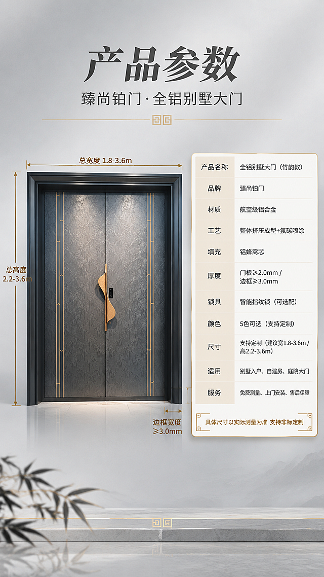 [商品] 使用【图1】臻尚铂门全铝工艺别墅大门（竹韵金饰款）；保留双开门结构、深灰金属门板、竹叶纹理压花、两侧金色竖条装饰、原木色弧形长拉手、嵌入式指纹锁、深灰色宽边框；商品处理：增强金属质感与纹理清晰度，提升门板竹叶压花立体感，金色装饰条光泽更精致，不改变产品结构、颜色和比例。
[画面] 目标：产品参数收口，最后一张展示完整规格信息。构图：左侧约40%为大门正面展示（带尺寸标注线），右侧约60%为参数表格。景别：大门正面全景，带尺寸引线。场景：浅灰色渐变背景，简洁干净，突出产品和参数。阅读动线：顶部主标题→左侧大门尺寸图→右侧参数表从上到下阅读。前中后景：前景参数表浮层、中景大门主体、后景浅色背景。
[视觉] 套系策略：风格=高端轻奢新中式商业摄影；标题字=粗衬线宋体（厚重有力）；正文字=现代无衬线体；主色=深炭灰；背景延展=基于深炭灰做深浅层级、同色渐变和金属/石材质感；强调色=香槟金，仅用于小面积图标、引线、标签和装饰线条；标题色=深炭灰色；正文色=中深灰；组件=金边信息卡、细金线引线、中式回纹装饰元素；光影=均匀柔光，清晰展示产品轮廓。
[文字] 顶部主标题「产品参数」（4字，大字号粗衬线宋体，深炭灰色居中）；副标题「臻尚铂门·全铝别墅大门」（10字，较小字号，中灰色居中）。左侧大门上有金色尺寸引线标注：总宽度、总高度、边框宽度。右侧参数表为白底金边表格，包含以下参数项：
- 产品名称：全铝别墅大门（竹韵款）
- 品牌：臻尚铂门
- 材质：航空级铝合金
- 工艺：整体挤压成型+氟碳喷涂
- 填充：铝蜂窝芯
- 厚度：门板≥2.0mm / 边框≥3.0mm
- 锁具：智能指纹锁（可选配）
- 颜色：5色可选（支持定制）
- 尺寸：支持定制（建议宽1.8-3.6m / 高2.2-3.6m）
- 适用：别墅入户、自建房、庭院大门
- 服务：免费测量、上门安装、售后保障
表格底部有一行金色小字「具体尺寸以实际测量为准 支持非标定制」。
[规格] 图片比例9:16竖版，4K分辨率，medium质量。避免变形、错字、文字过小、冷蓝背景、产品颜色改变、结构失真、出现平台Logo水印。